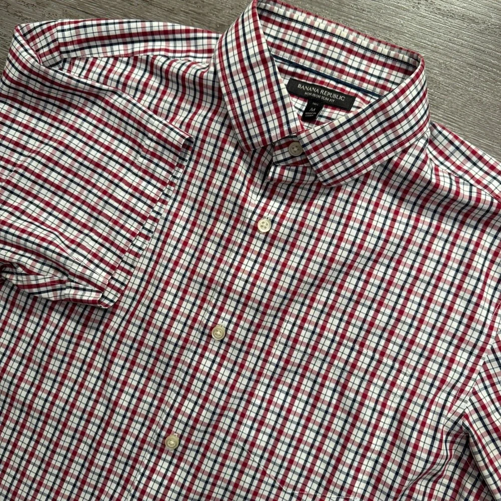 Banana Republic Shirt Mens M Tall Red White Blue Cotton Plaid Slim Non-Iron Prep